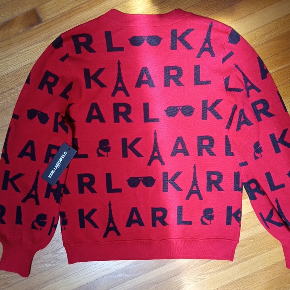 Karl Lagerfeld Red and Black Paris Logo Graphic Crewneck Sweater Medium - Picture 1 of 6
